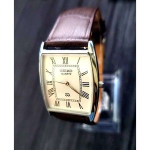 *RARE NOS Seiko Men Barrel‎ Tank White Roman Dial Brown Leather band Dress…